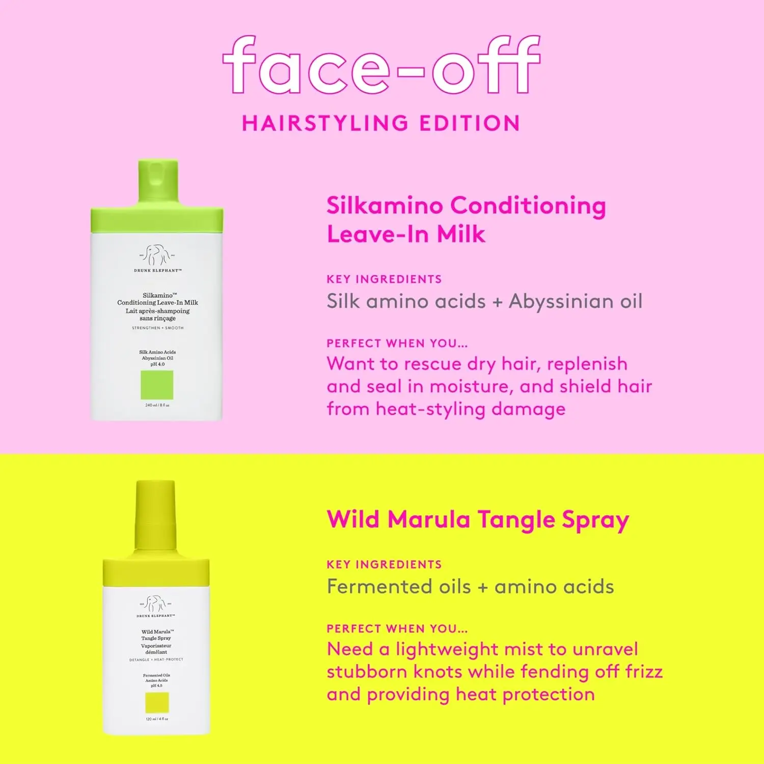 A bottle of Drunk Elephant Wild Marula Tangle Spray, a weightless leave-in mist that detangles hair, provides heat protection, and restores shine without silicones.