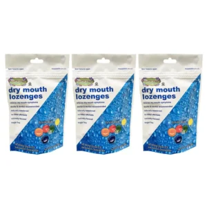 Three bags of sugar-free fruit mix lozenges that relieve dry mouth symptoms with a naturally sweet taste and no bitter aftertaste.
