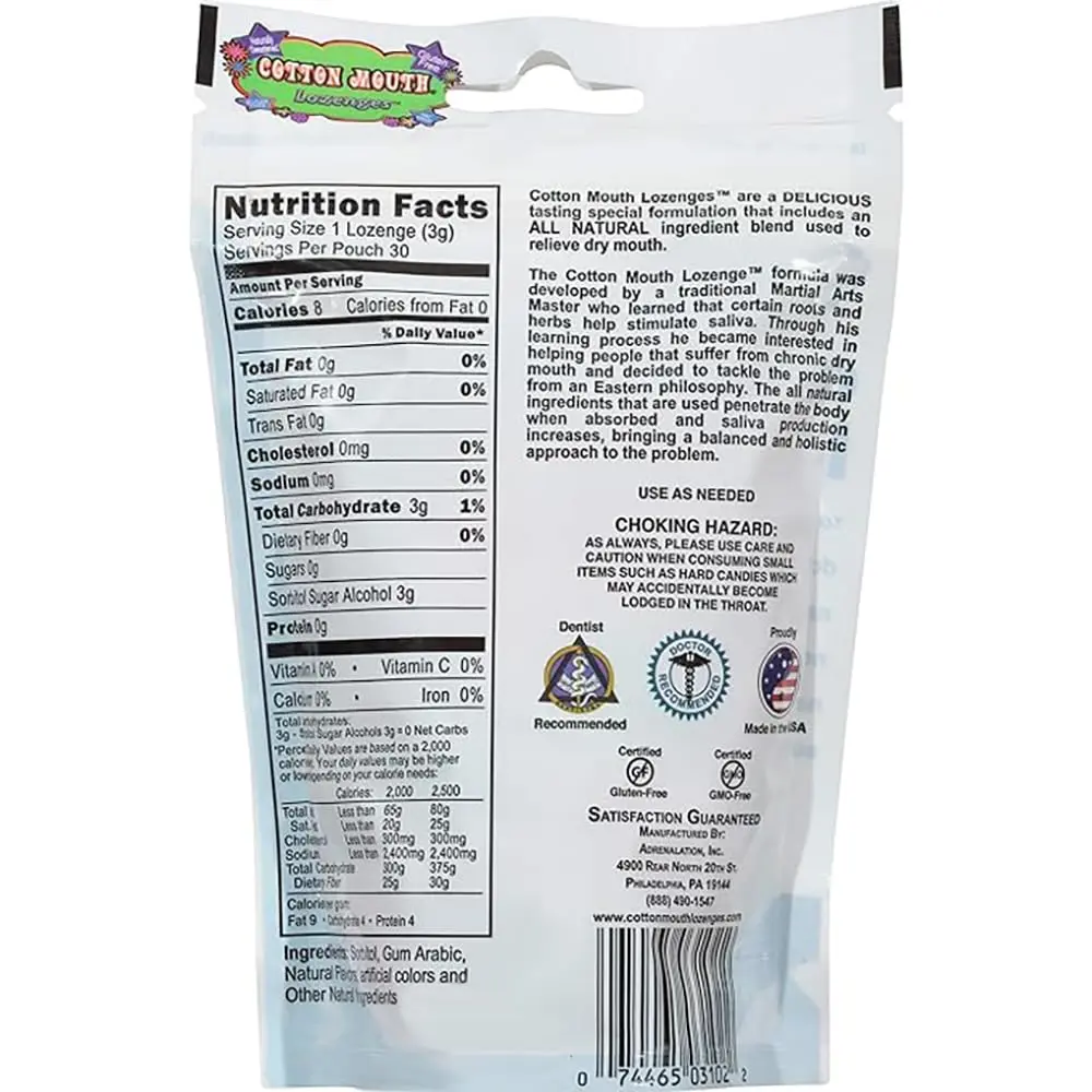 Three bags of sugar-free fruit mix lozenges that relieve dry mouth symptoms with a naturally sweet taste and no bitter aftertaste.