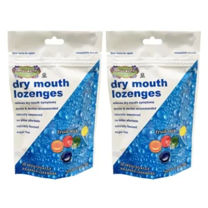 Two bags of sugar free dry mouth lozenges in assorted fruit flavors to stimulate saliva and relieve dry mouth symptoms.
