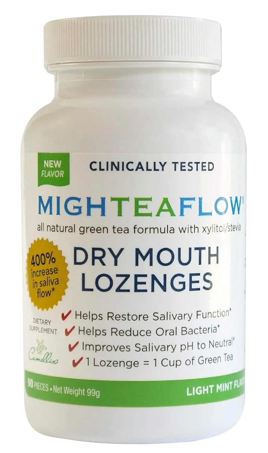 Sugar-free mint dry mouth lozenges with xylitol and stevia clinically proven to increase saliva flow and help protect gland cells.