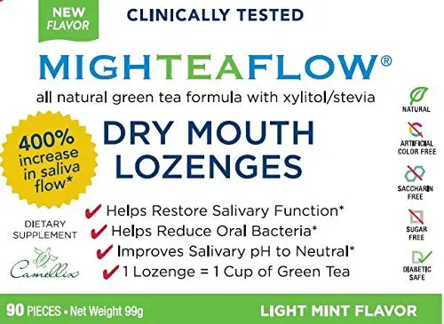 Sugar-free mint dry mouth lozenges with xylitol and stevia clinically proven to increase saliva flow and help protect gland cells.