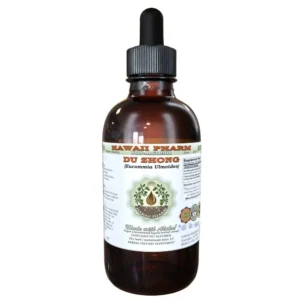 A two-ounce bottle of Hawaii Pharm Du Zhong alcohol-free liquid extract, a natural herbal glycerite supplement derived from ethically sourced Eucommia Ulmoides bark.