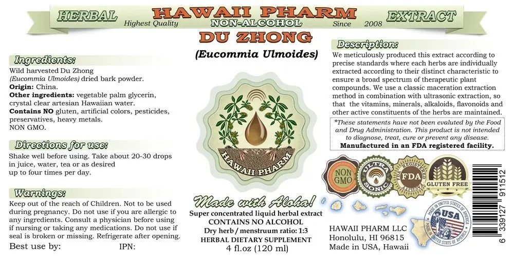 A two-ounce bottle of Hawaii Pharm Du Zhong alcohol-free liquid extract, a natural herbal glycerite supplement derived from ethically sourced Eucommia Ulmoides bark.