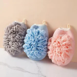 This dual-sided bath loofah mitt is an exfoliating shower tool perfect for body cleansing and lathering.