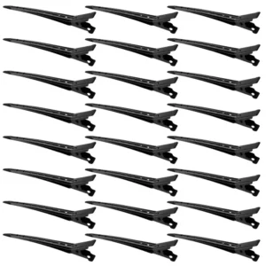 This image shows twenty-four rustproof silver metal duck bill clips, each 3.35 inches long, ideal for hair styling, coloring, and creating curls in salon or home use.