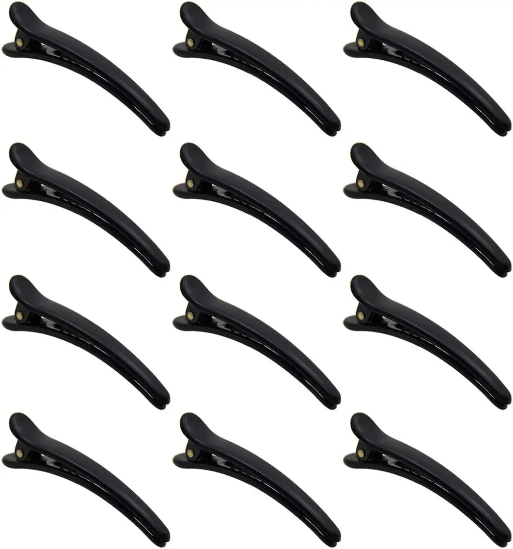 This image shows twelve durable plastic duckbill hair clips with a double prong design, ideal for creating curls and holding all hair types securely in salons or at home.
