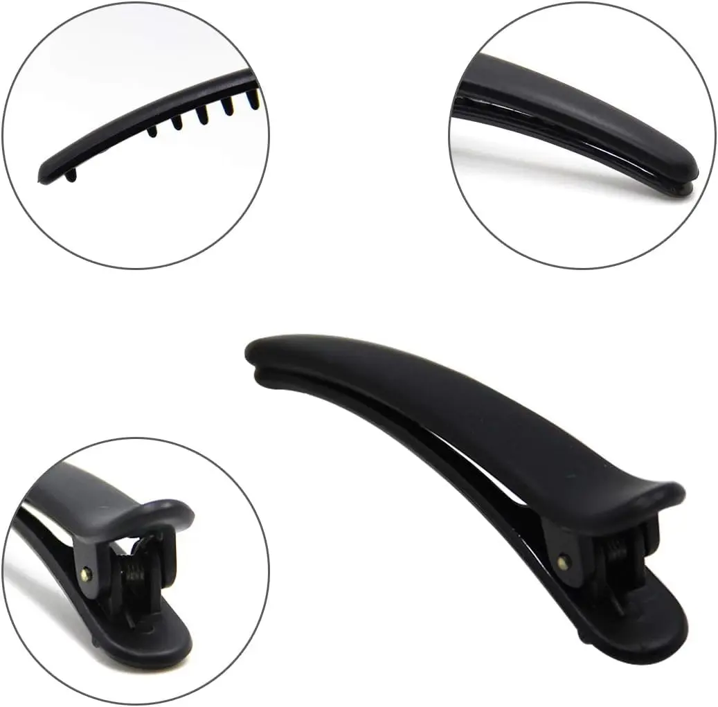 This image shows twelve durable plastic duckbill hair clips with a double prong design, ideal for creating curls and holding all hair types securely in salons or at home.