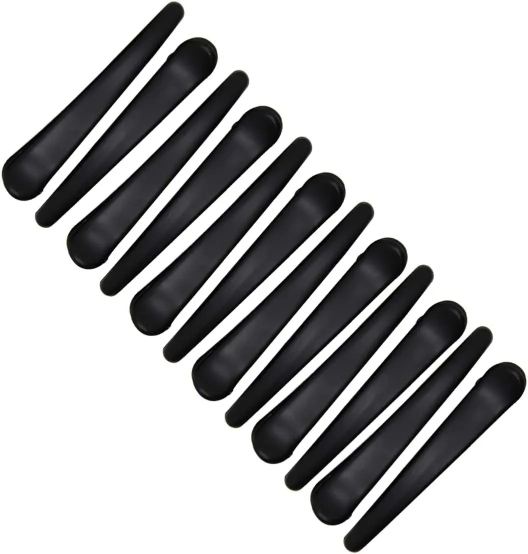 This image shows twelve durable plastic duckbill hair clips with a double prong design, ideal for creating curls and holding all hair types securely in salons or at home.