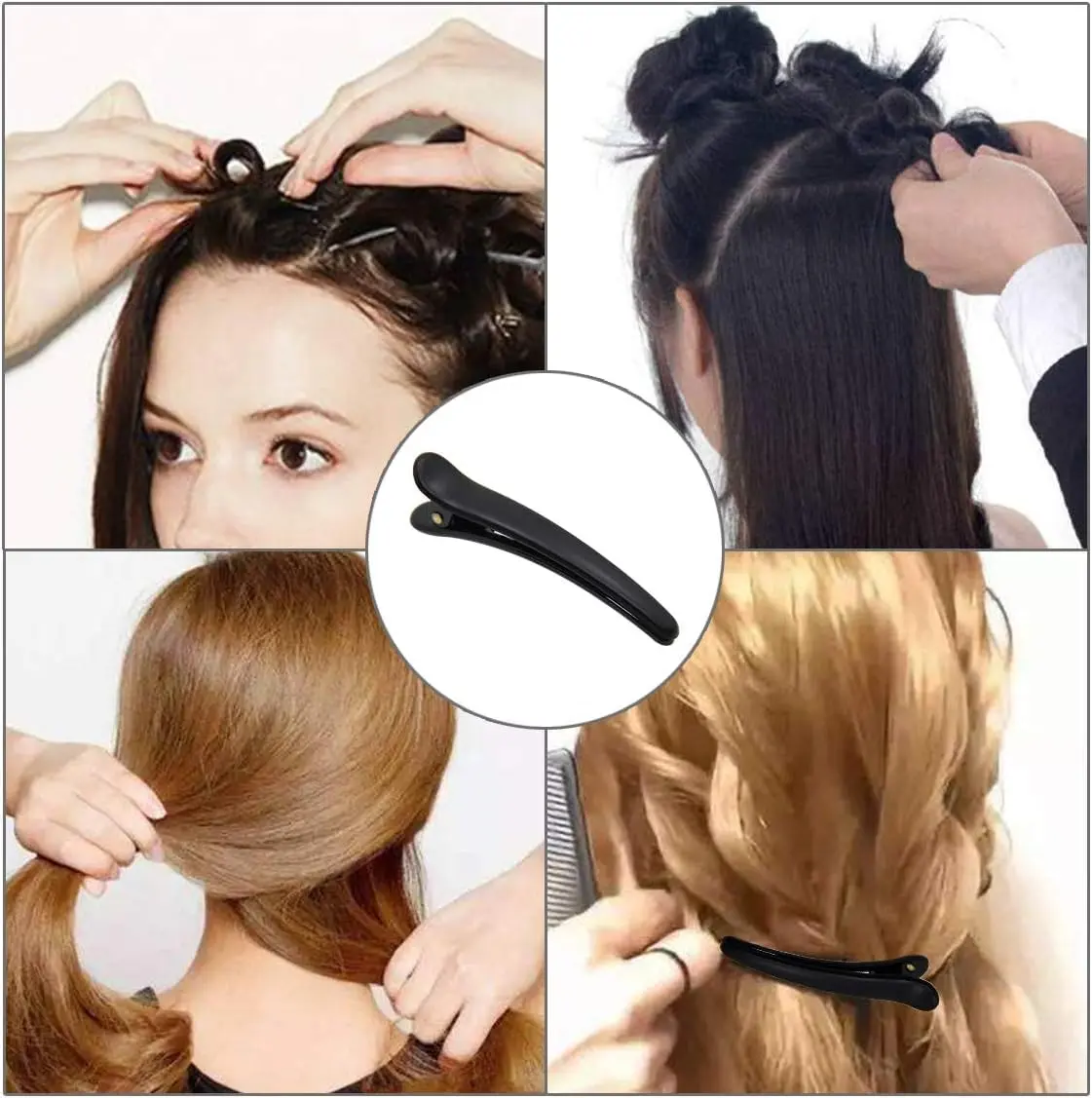 This image shows twelve durable plastic duckbill hair clips with a double prong design, ideal for creating curls and holding all hair types securely in salons or at home.