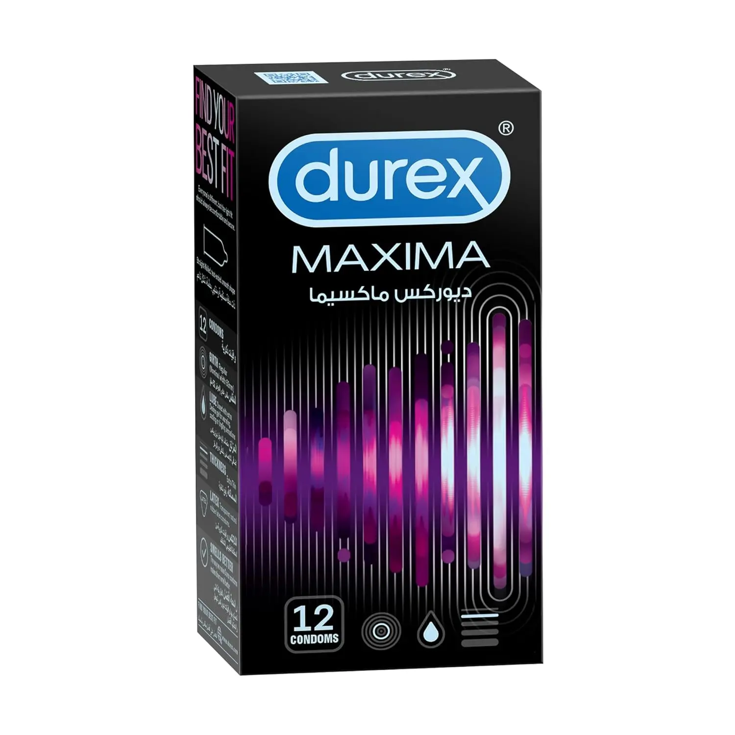 Twelve Durex MAXIMA extra thin condoms made from transparent natural rubber latex with a nominal width of 52mm, electronically tested and smell better.