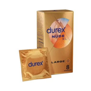 A pack of eight Durex Nude XL condoms, extra large and thin natural rubber latex condoms with silicone lubricant for enhanced pleasure and a secure fit.