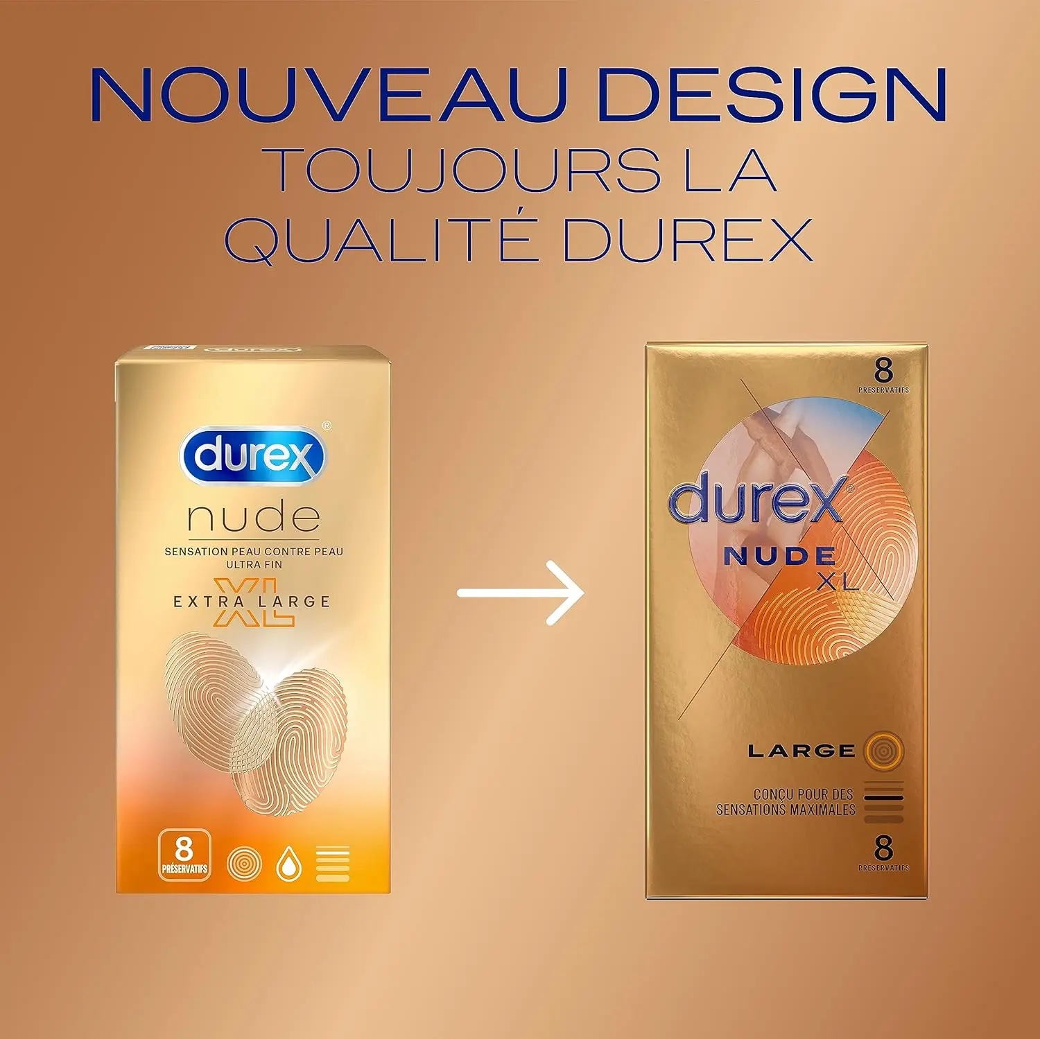 A pack of eight Durex Nude XL condoms, extra large and thin natural rubber latex condoms with silicone lubricant for enhanced pleasure and a secure fit.