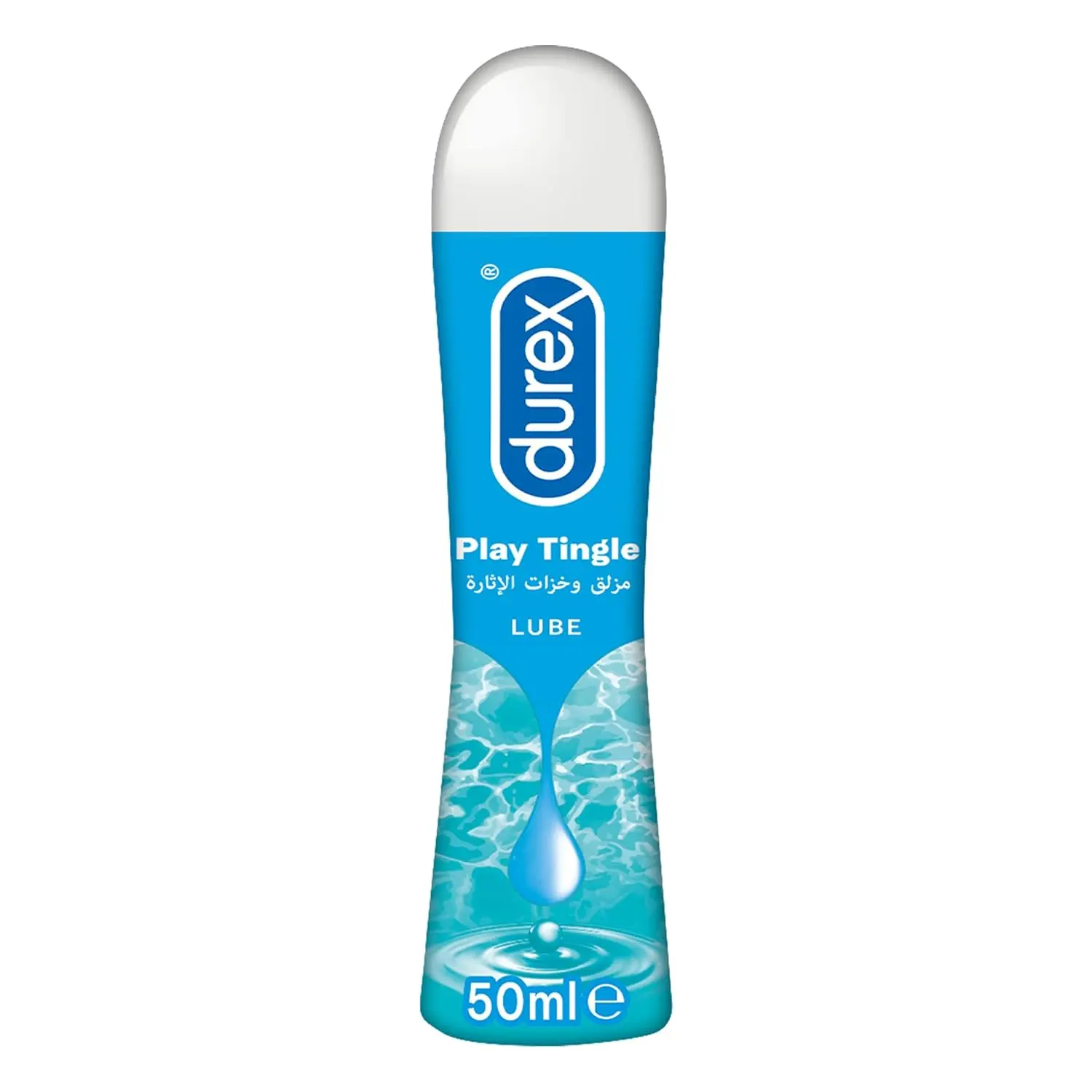 A bottle of Durex Play Tingle lubricant, a water-based lube that provides a long-lasting cooling and tingling sensation for enhanced pleasure.