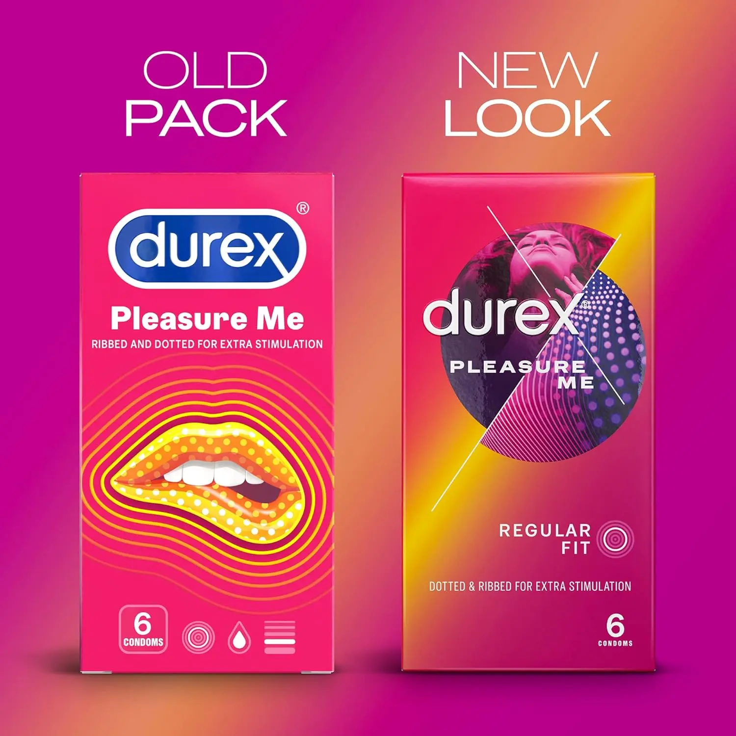 A pack of six Durex Pleasure Me condoms, designed with ribs and dots to enhance stimulation and made from transparent, lubricated natural rubber latex for comfort and safety.