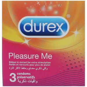 This is a pack of 36 Durex Pleasure Me condoms featuring a ribbed and dotted texture for enhanced stimulation and a comfortable, easy-on fit.