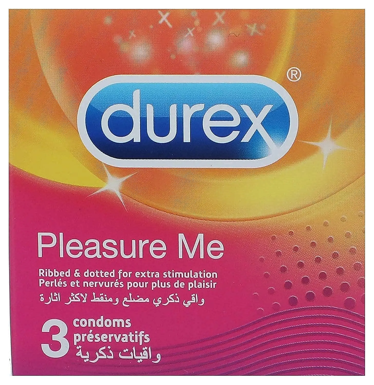 This is a pack of 36 Durex Pleasure Me condoms featuring a ribbed and dotted texture for enhanced stimulation and a comfortable, easy-on fit.