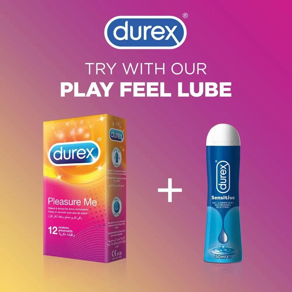 This is a pack of 36 Durex Pleasure Me condoms featuring a ribbed and dotted texture for enhanced stimulation and a comfortable, easy-on fit.