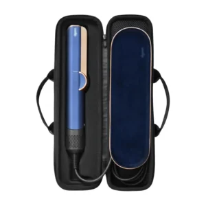 This black hard travel case is designed for the Dyson Airstrait straightener, featuring a soft handle, quality zips, and a mesh pocket for cables and accessories.