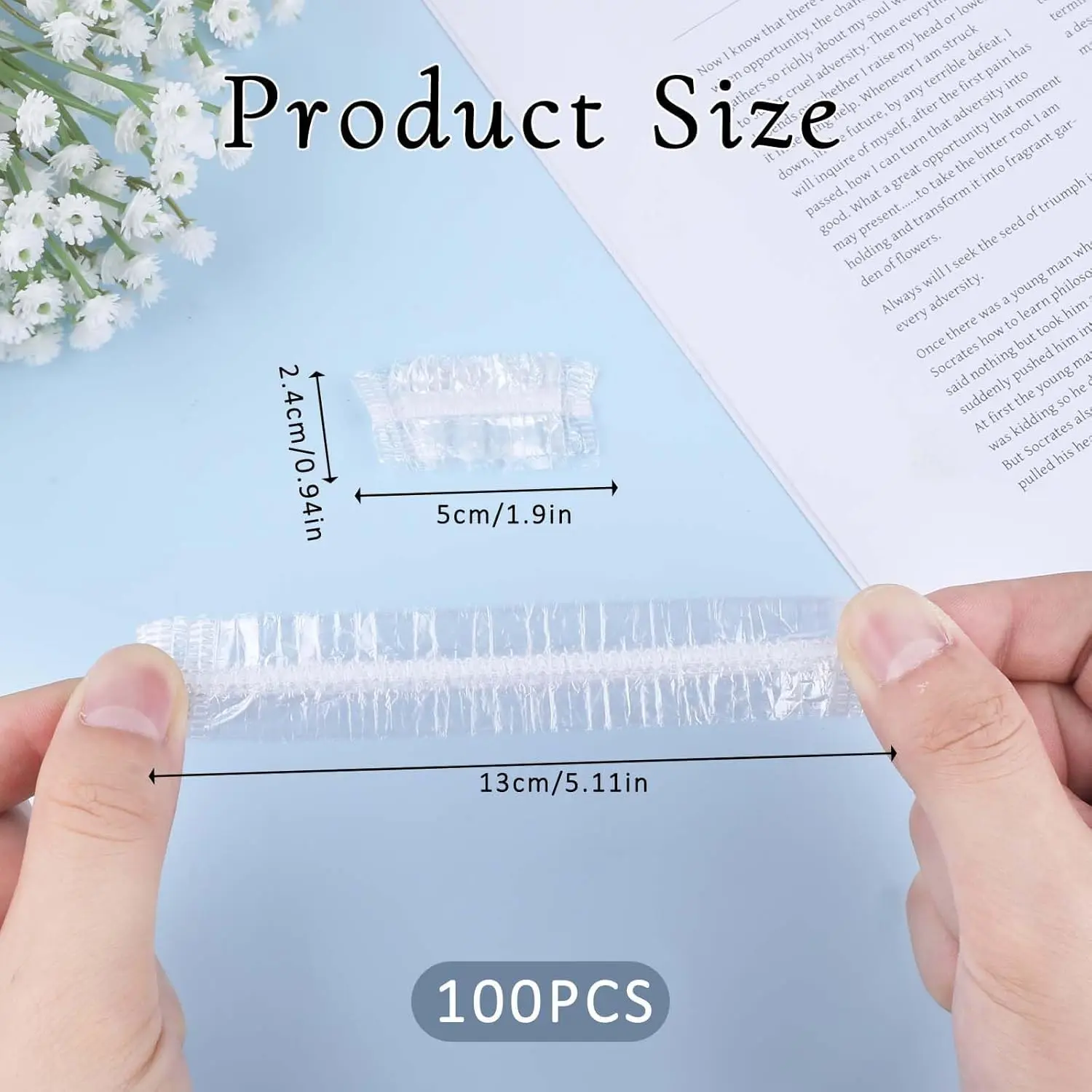 A pack of 100 clear, disposable plastic ear covers designed to protect ears from water during showers, hair coloring, and salon treatments, featuring a comfortable and elastic fit for both men and women.