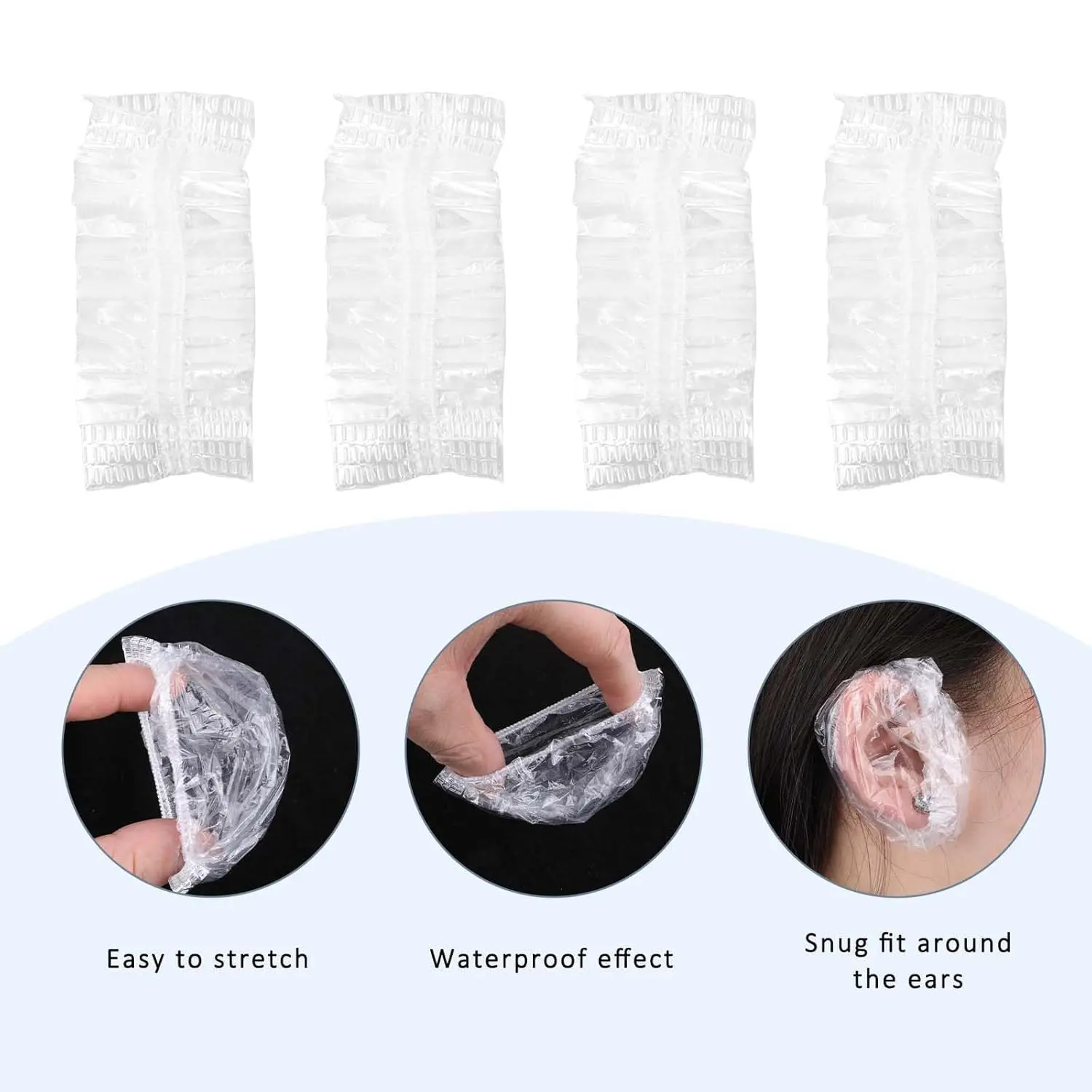 A pack of 100 clear, disposable plastic ear covers designed to protect ears from water during showers, hair coloring, and salon treatments, featuring a comfortable and elastic fit for both men and women.