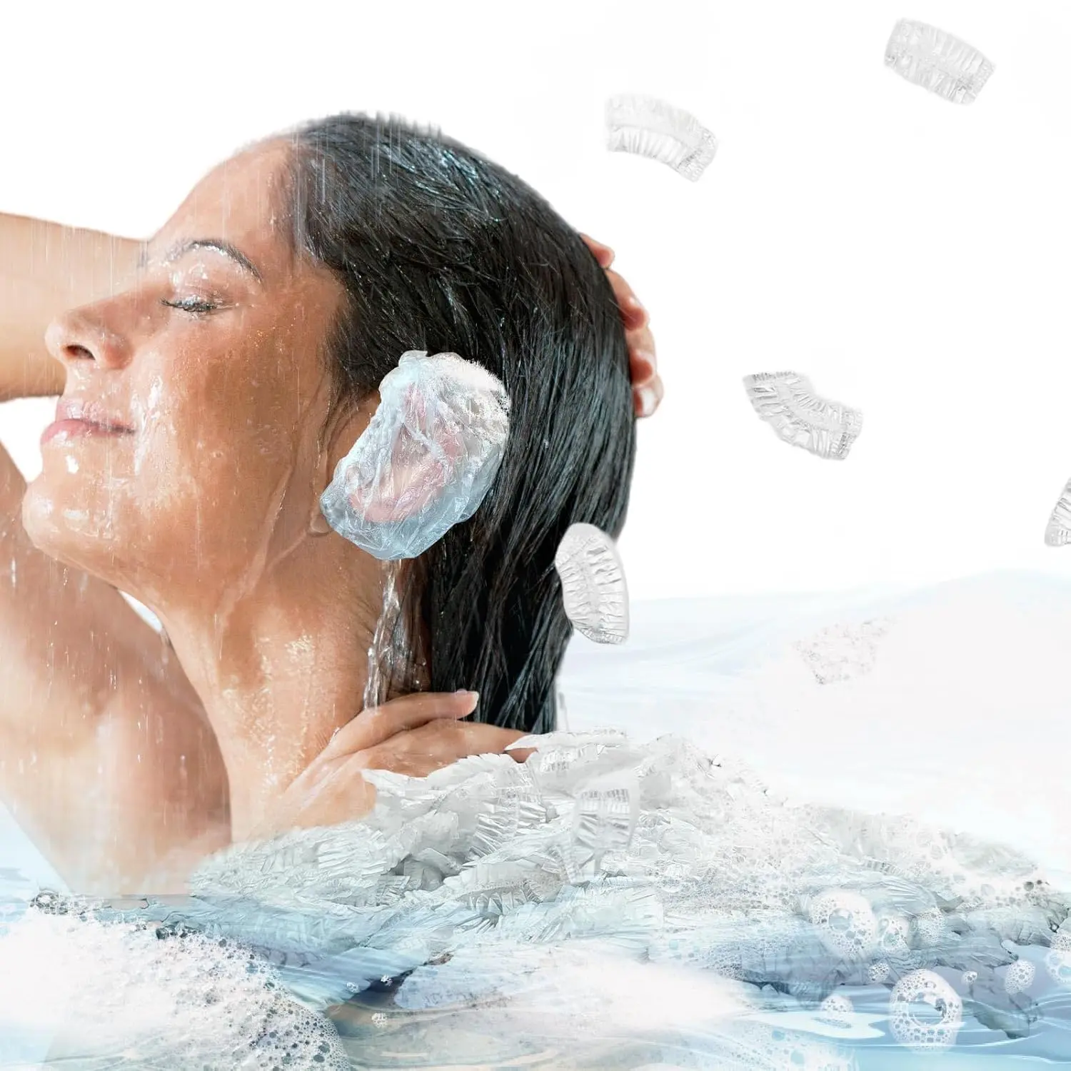 A pack of 100 clear, disposable plastic ear covers designed to protect ears from water during showers, hair coloring, and salon treatments, featuring a comfortable and elastic fit for both men and women.