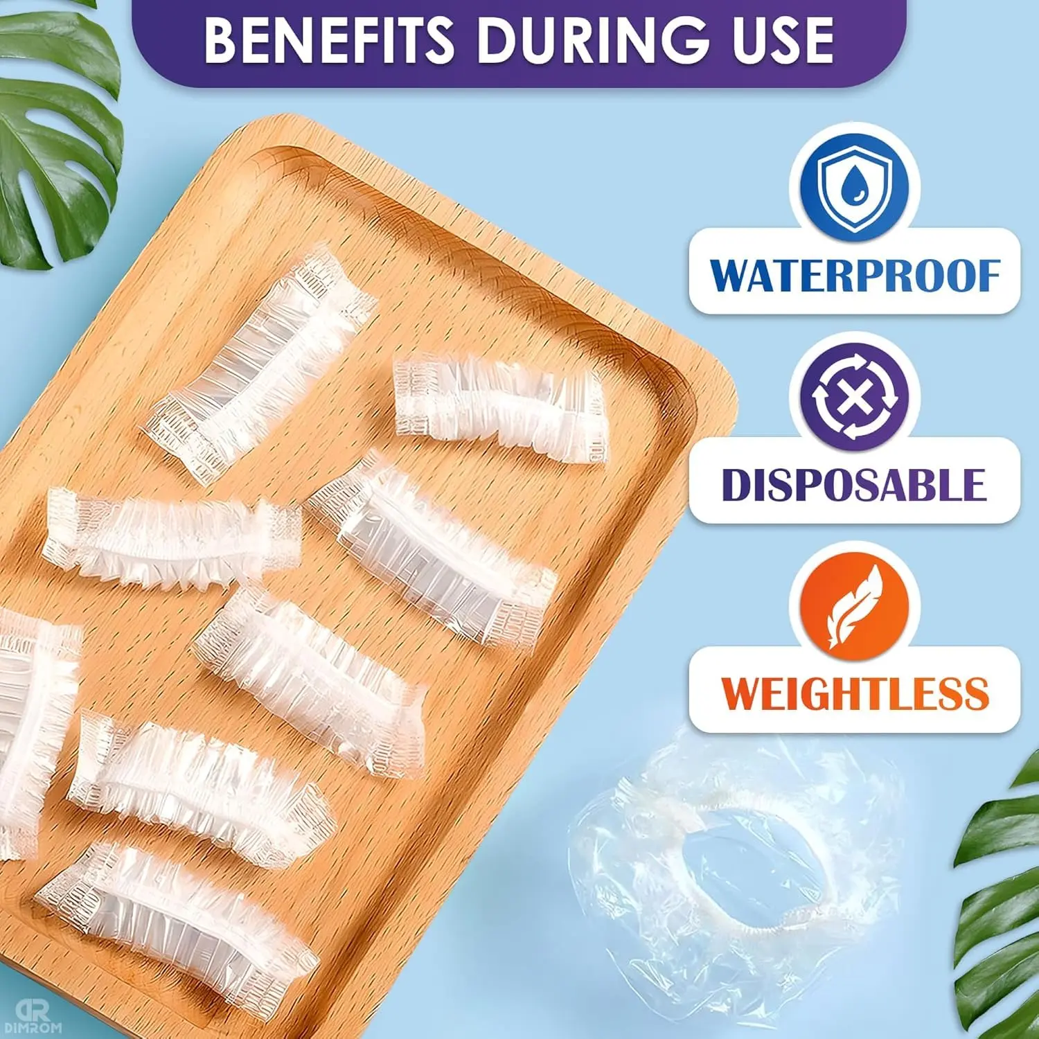 A pack of 100 clear, disposable plastic ear covers designed to protect ears from water during showers, hair coloring, and salon treatments, featuring a comfortable and elastic fit for both men and women.