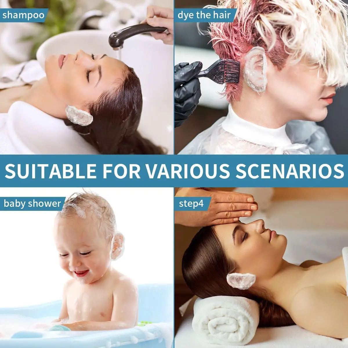 A pack of 100 clear, disposable plastic ear covers designed to protect ears from water during showers, hair coloring, and salon treatments, featuring a comfortable and elastic fit for both men and women.