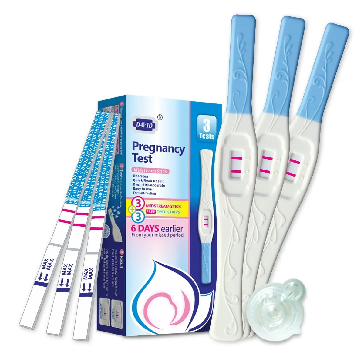 Six DAVID early pregnancy tests, individually sealed for hygiene, offer women a reliable and accurate way to detect pregnancy up to 6 days before a missed period.