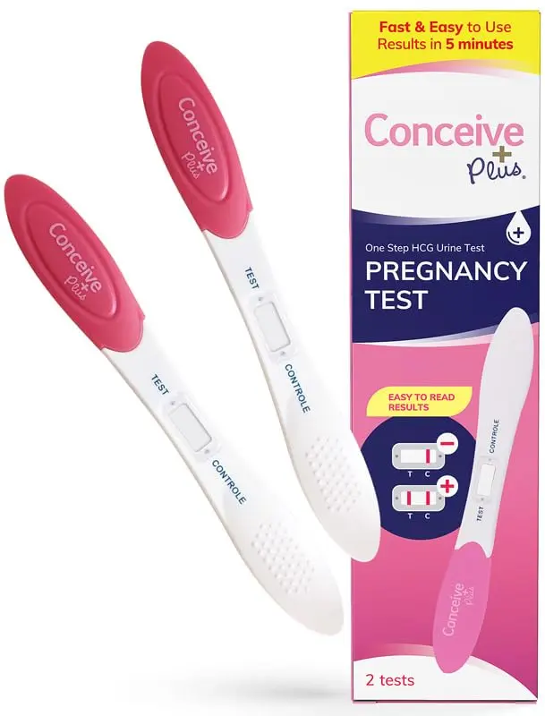 Two early detection pregnancy tests by Conceive Plus that can detect pregnancy up to 6 days sooner with high sensitivity to low HCG levels.