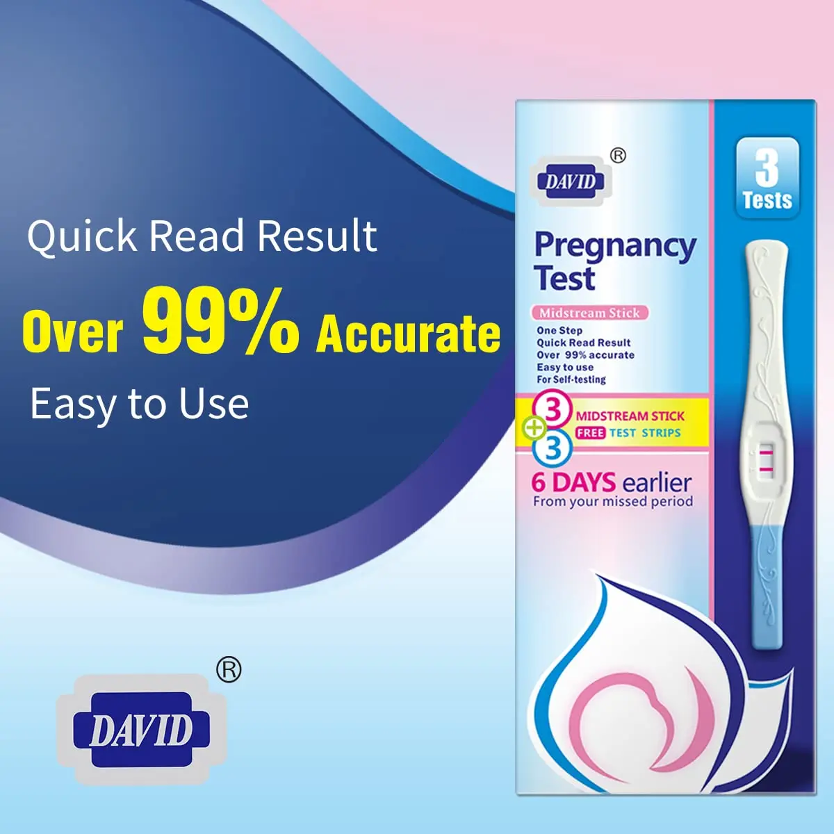 Six DAVID early pregnancy tests, individually sealed for hygiene, offer women a reliable and accurate way to detect pregnancy up to 6 days before a missed period.