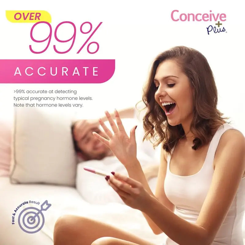 Two early detection pregnancy tests by Conceive Plus that can detect pregnancy up to 6 days sooner with high sensitivity to low HCG levels.