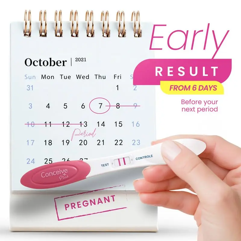 Two early detection pregnancy tests by Conceive Plus that can detect pregnancy up to 6 days sooner with high sensitivity to low HCG levels.