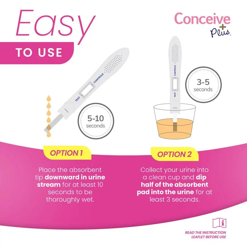 Two early detection pregnancy tests by Conceive Plus that can detect pregnancy up to 6 days sooner with high sensitivity to low HCG levels.