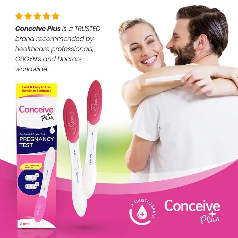 Two early detection pregnancy tests by Conceive Plus that can detect pregnancy up to 6 days sooner with high sensitivity to low HCG levels.