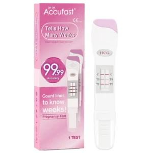 Accufast early pregnancy test with week indicator provides accurate results, showing how many weeks pregnant you are in 3-5 minutes.