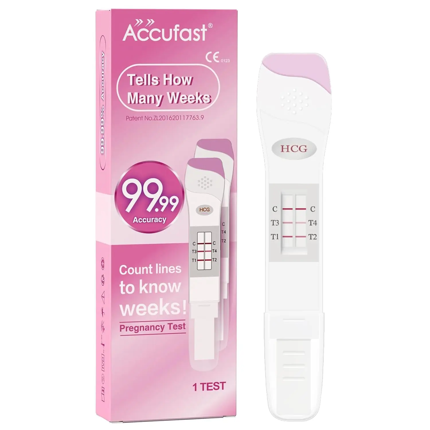 Accufast early pregnancy test with week indicator provides accurate results, showing how many weeks pregnant you are in 3-5 minutes.