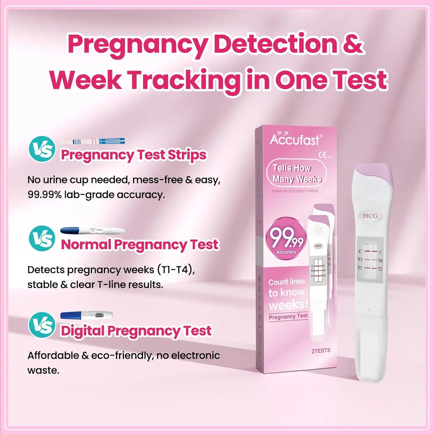 Accufast early pregnancy test with week indicator provides accurate results, showing how many weeks pregnant you are in 3-5 minutes.