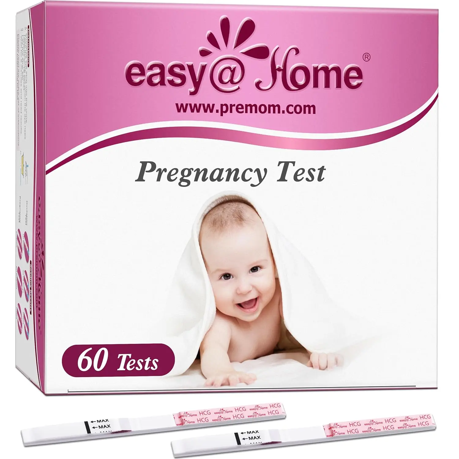 Sixty Easy@Home pregnancy test strips, individually sealed, offer accurate and early detection of pregnancy with results in 5 minutes.