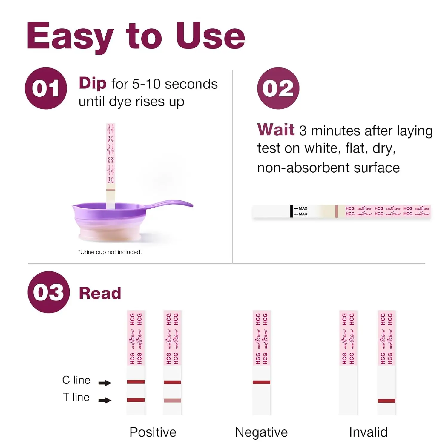 Sixty Easy@Home pregnancy test strips, individually sealed, offer accurate and early detection of pregnancy with results in 5 minutes.