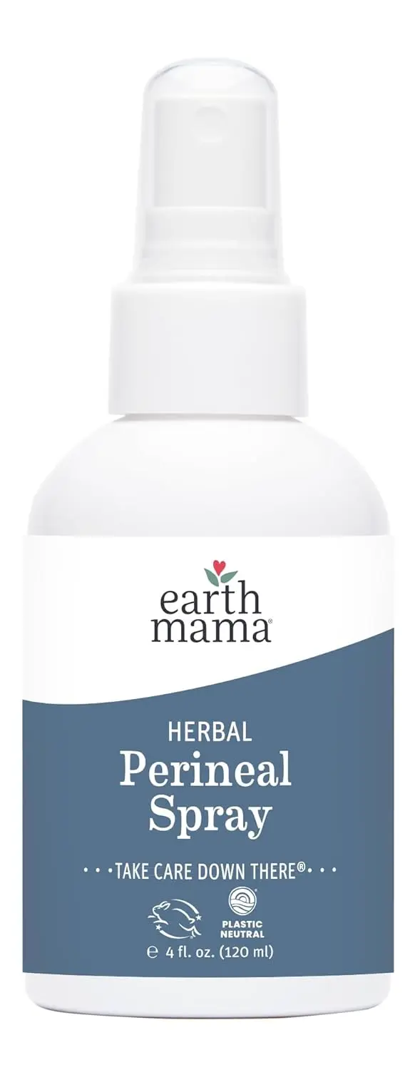 Earth Mama herbal perineal spray provides soothing postpartum relief with organic herbs, free of parabens and artificial fragrance, perfect for your birth bag.