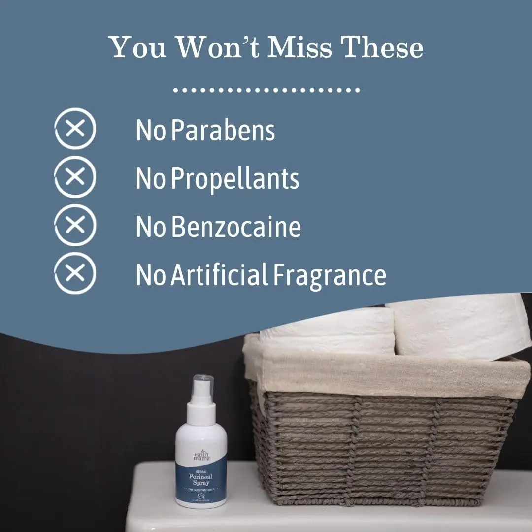 Earth Mama herbal perineal spray provides soothing postpartum relief with organic herbs, free of parabens and artificial fragrance, perfect for your birth bag.