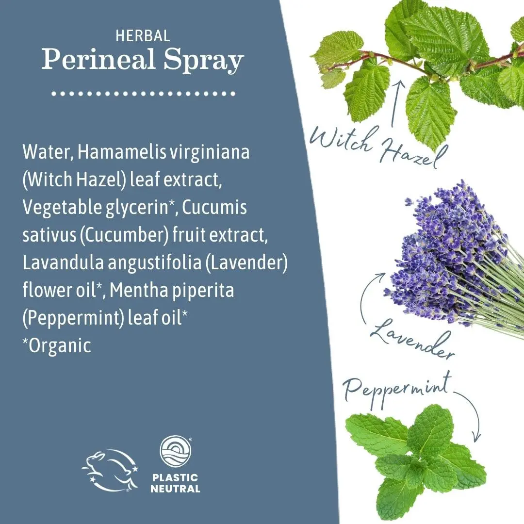 Earth Mama herbal perineal spray provides soothing postpartum relief with organic herbs, free of parabens and artificial fragrance, perfect for your birth bag.