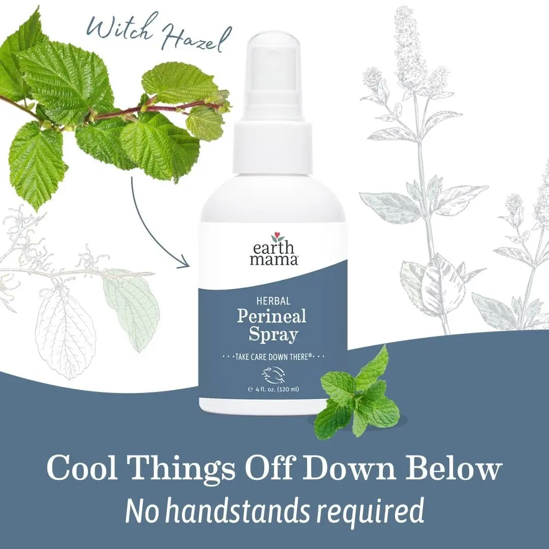 Earth Mama herbal perineal spray provides soothing postpartum relief with organic herbs, free of parabens and artificial fragrance, perfect for your birth bag.