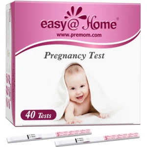 Easy@Home pregnancy test strips for early detection with 99% accuracy detecting HCG as low as 25 mIU/mL; 40 individually sealed test strips.