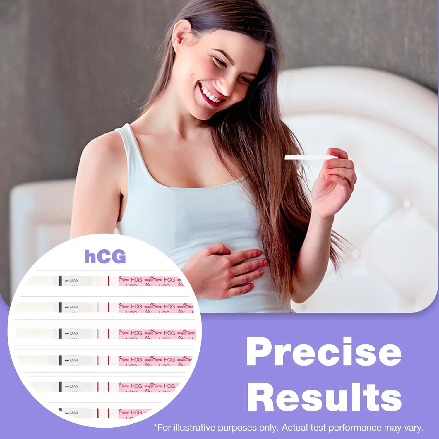 Easy to use Easy@Home pregnancy test strips for early detection of pregnancy with results in 5 minutes.