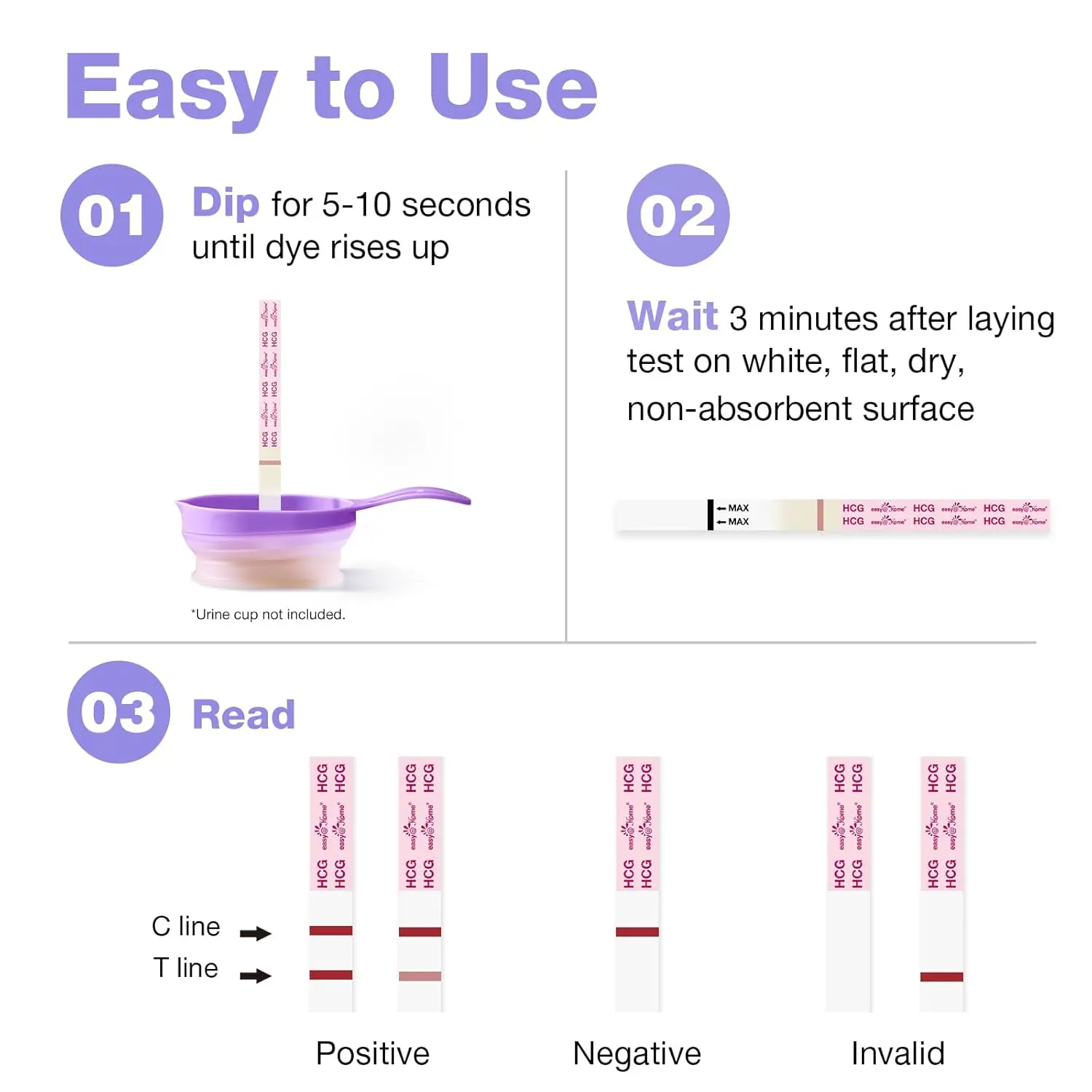 Easy to use Easy@Home pregnancy test strips for early detection of pregnancy with results in 5 minutes.