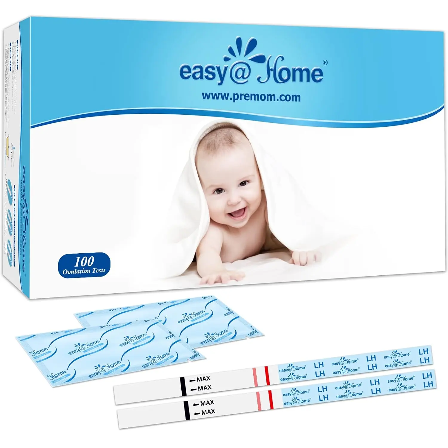 A large pack of Easy@Home ovulation test strips for predicting fertile days.