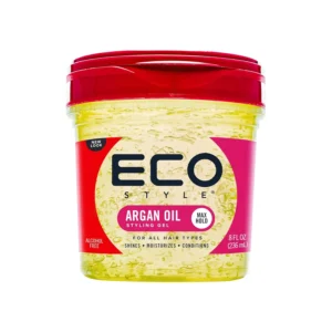 A jar of EcoStyle Moroccan Argan Oil Styling Gel, a vegan and alcohol-free formula designed to condition, revitalize, add shine, and provide long-lasting lightweight hold while restoring moisture to all hair types.