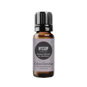 Bottle of Edens Garden Hyssop Essential Oil offering a fresh, slightly sweet aroma for respiratory support and emotional clarity in aromatherapy.